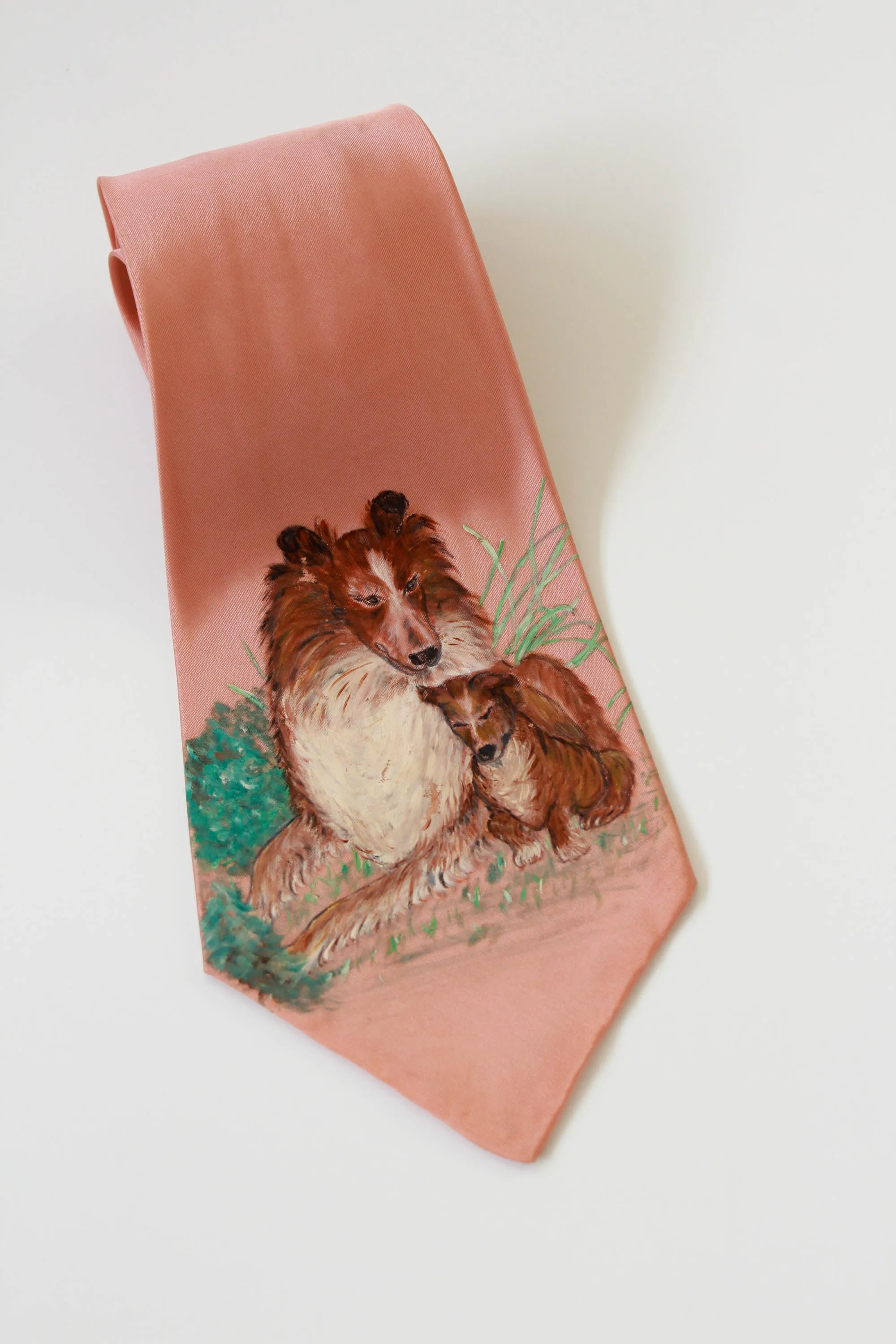 1940s Collie and Puppy Hand Painted Necktie, Rayon