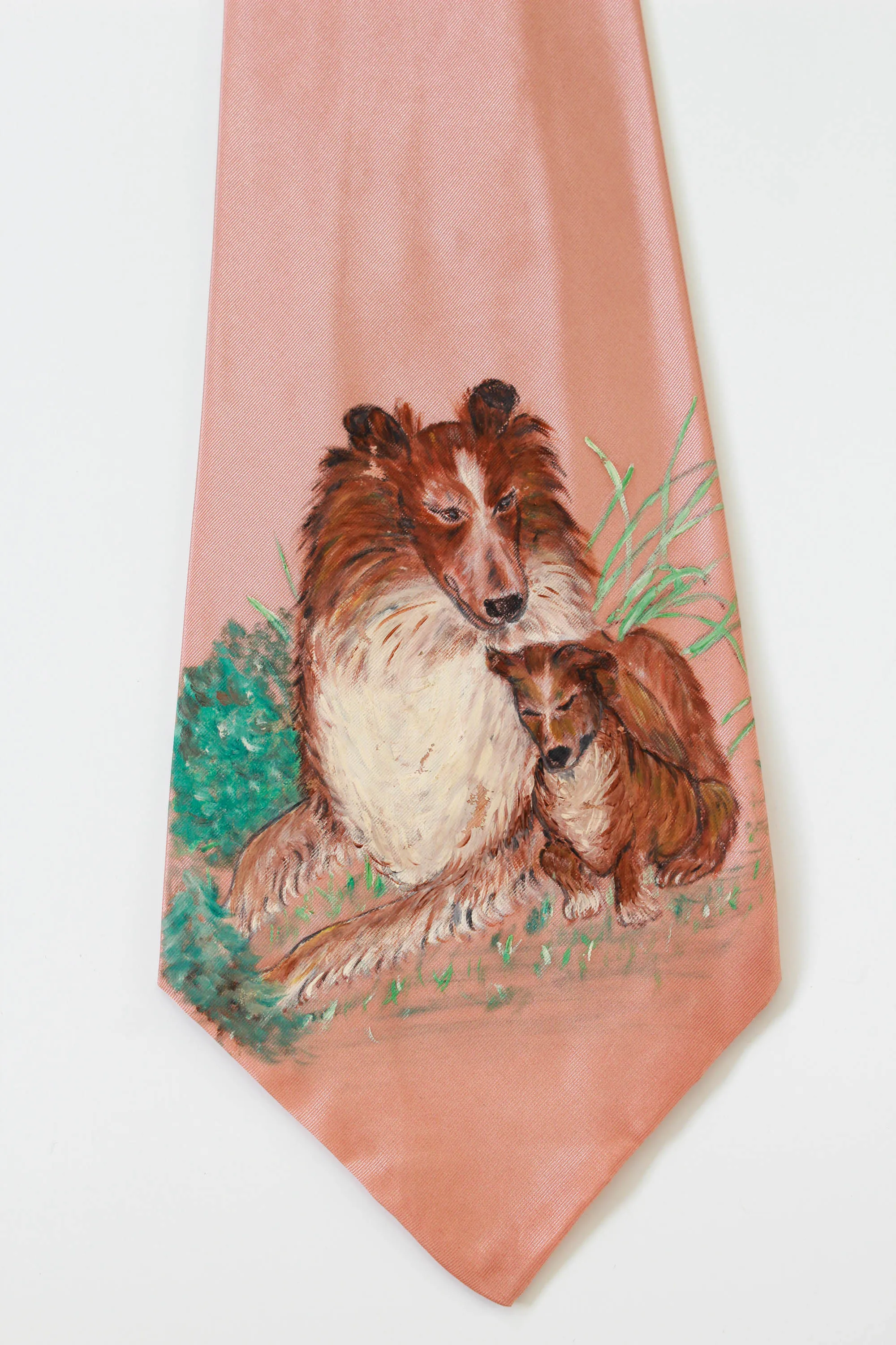 1940s Collie and Puppy Hand Painted Necktie, Rayon