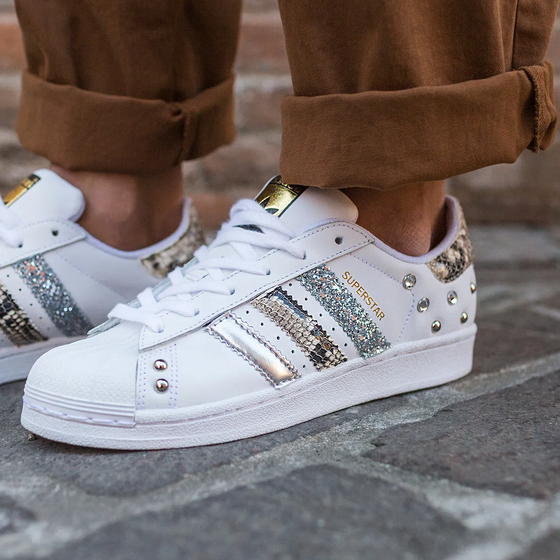 Adidas Superstar Pitone Silver Glitter & Borchie