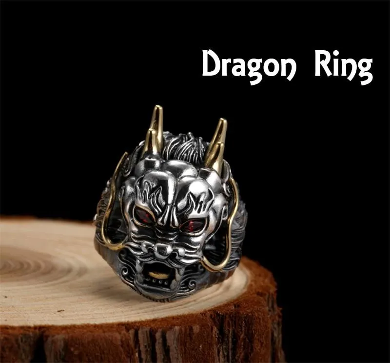 Adjustable Red Cubic Zirconia Men's Big Gothic Dragon Silver Punk Ring