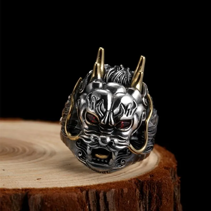 Adjustable Red Cubic Zirconia Men's Big Gothic Dragon Silver Punk Ring