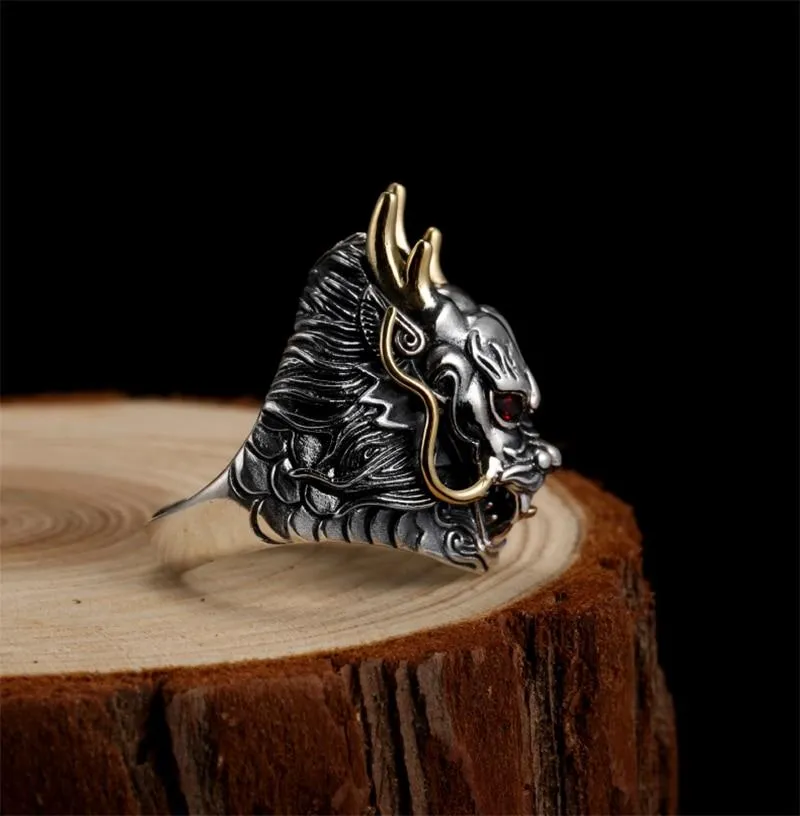 Adjustable Red Cubic Zirconia Men's Big Gothic Dragon Silver Punk Ring