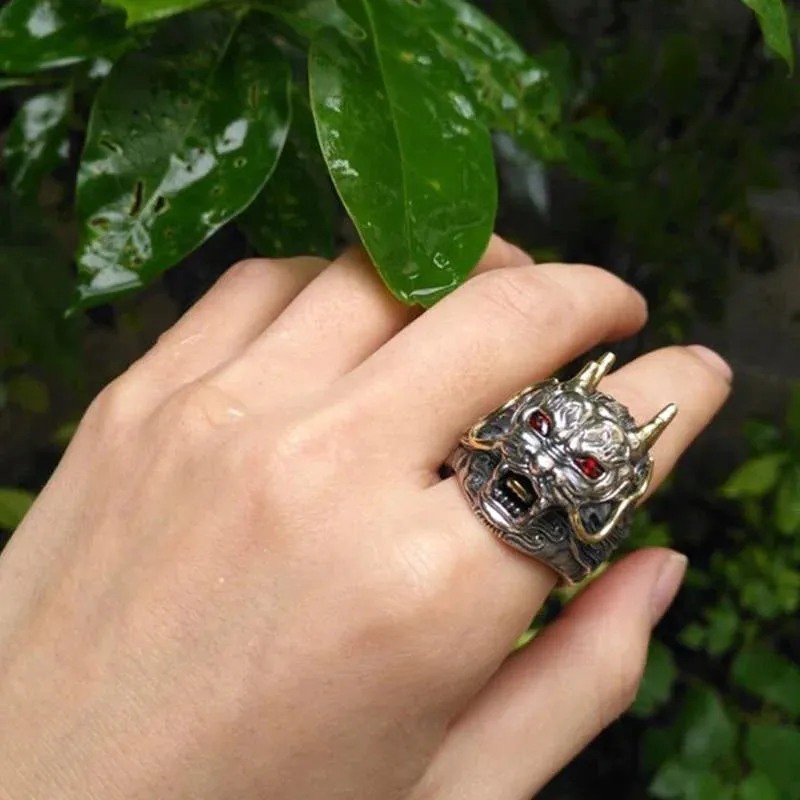 Adjustable Red Cubic Zirconia Men's Big Gothic Dragon Silver Punk Ring