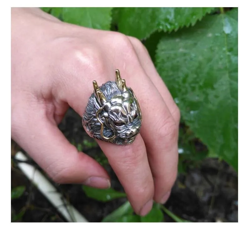 Adjustable Red Cubic Zirconia Men's Big Gothic Dragon Silver Punk Ring