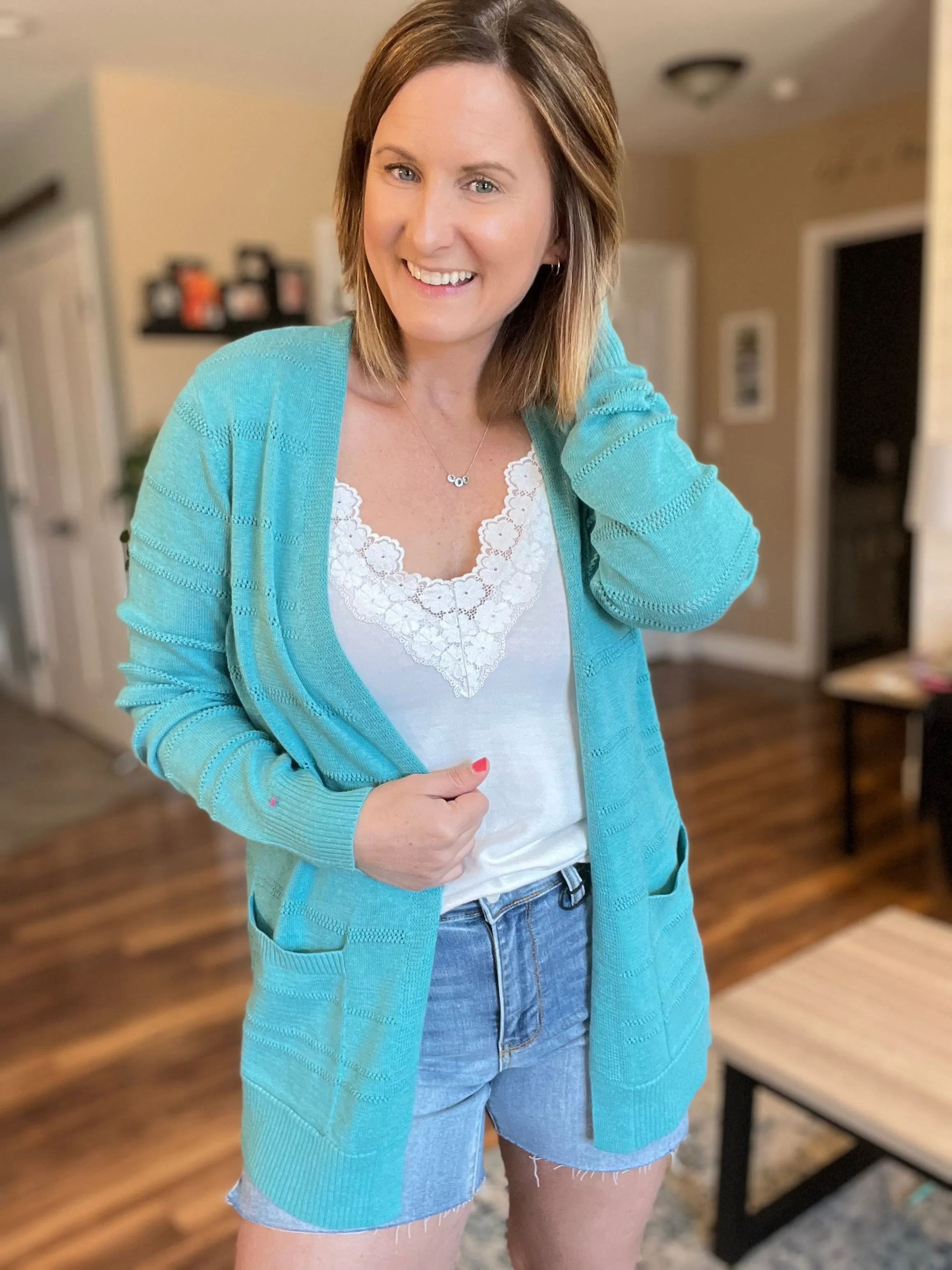 Aruba Teal Pointelle Lightweight Cardigan