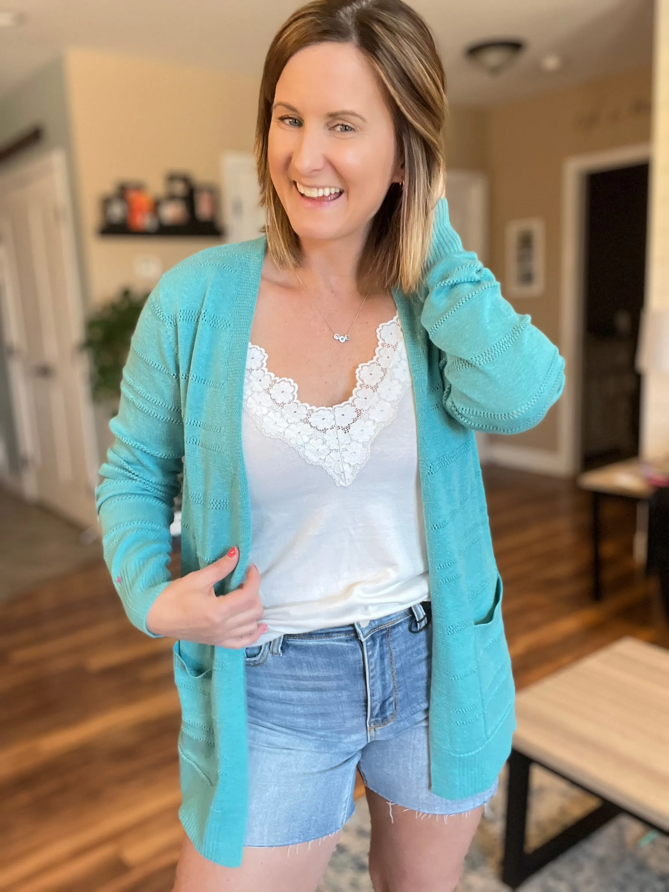 Aruba Teal Pointelle Lightweight Cardigan