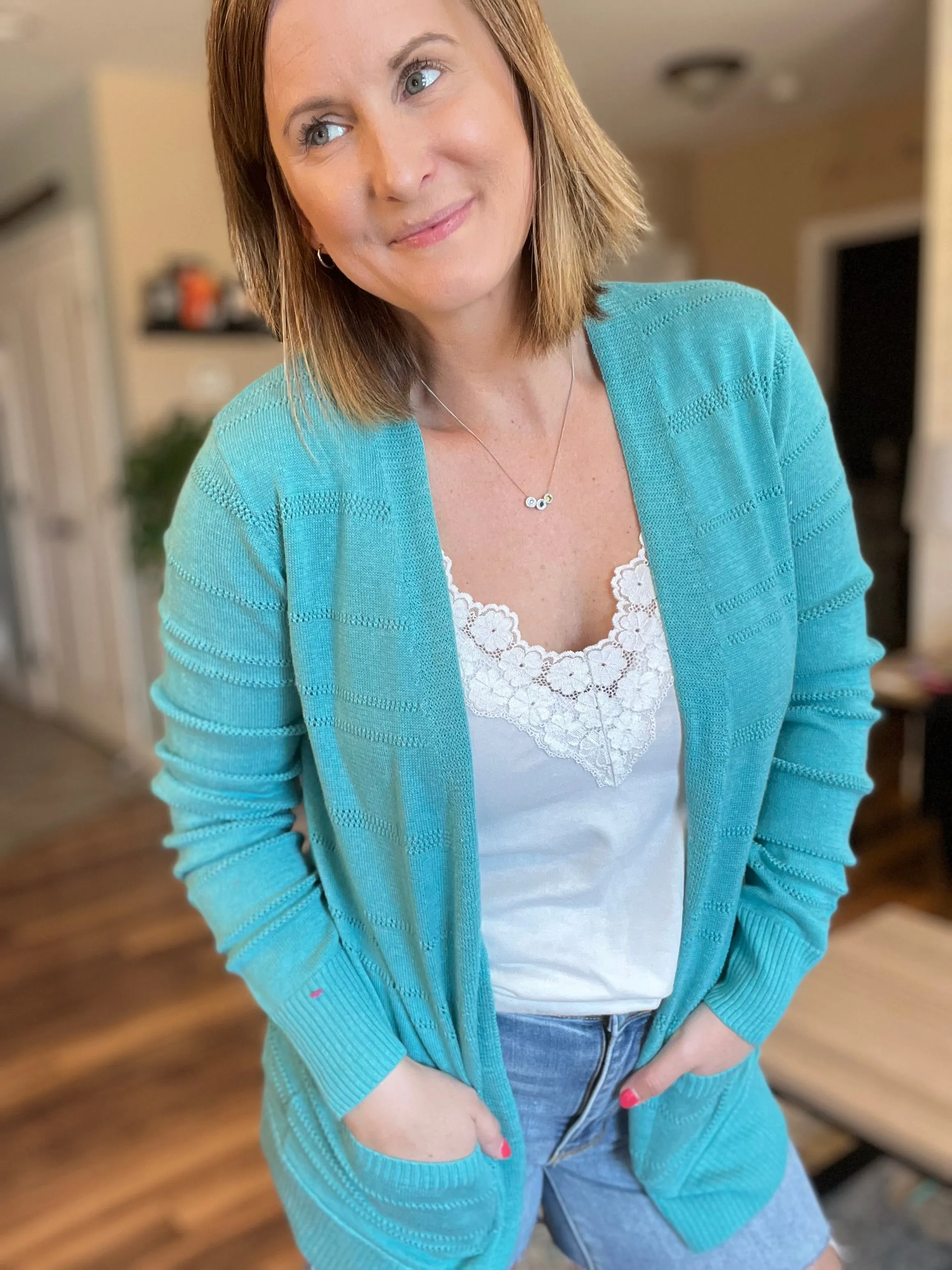 Aruba Teal Pointelle Lightweight Cardigan