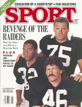 August 1988 Sport Cover (Marcus Allen, Todd Christensen and Howie Long of the Las Vegas Raiders)