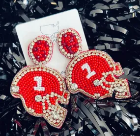 BEADED RED RHINESTONE HELMET EARRINGS, GAME DAY JEWELRY