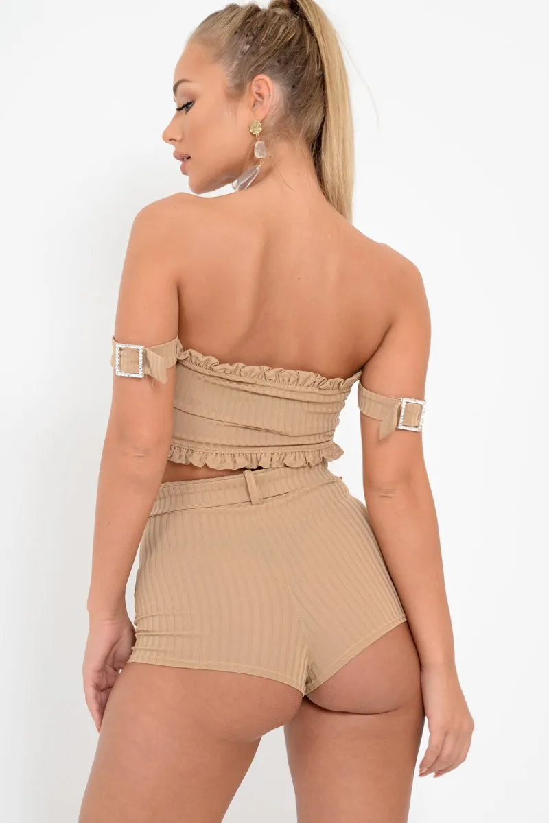 Beige Ribbed Bardot Crop Top and Shorts Co-ord - Elissa