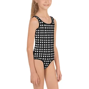 Black Buffalo Girl's Swimsuit, Plaid Print Premium Best Kids Swimsuit- Made in USA/EU