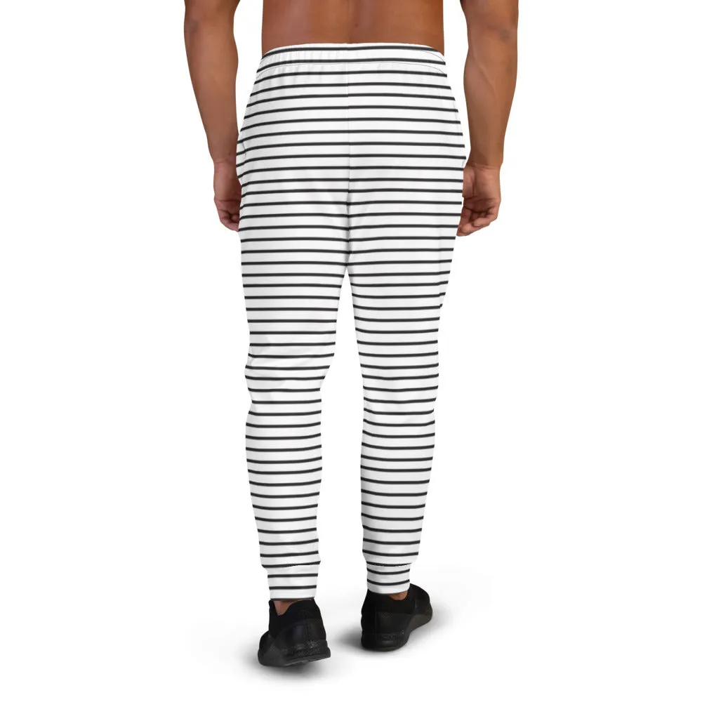 Black White Striped Men's Joggers, Minimalist Best Designer Sweatpants For Men-Made in EU/MX