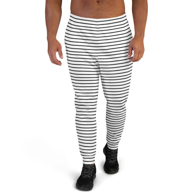 Black White Striped Men's Joggers, Minimalist Best Designer Sweatpants For Men-Made in EU/MX