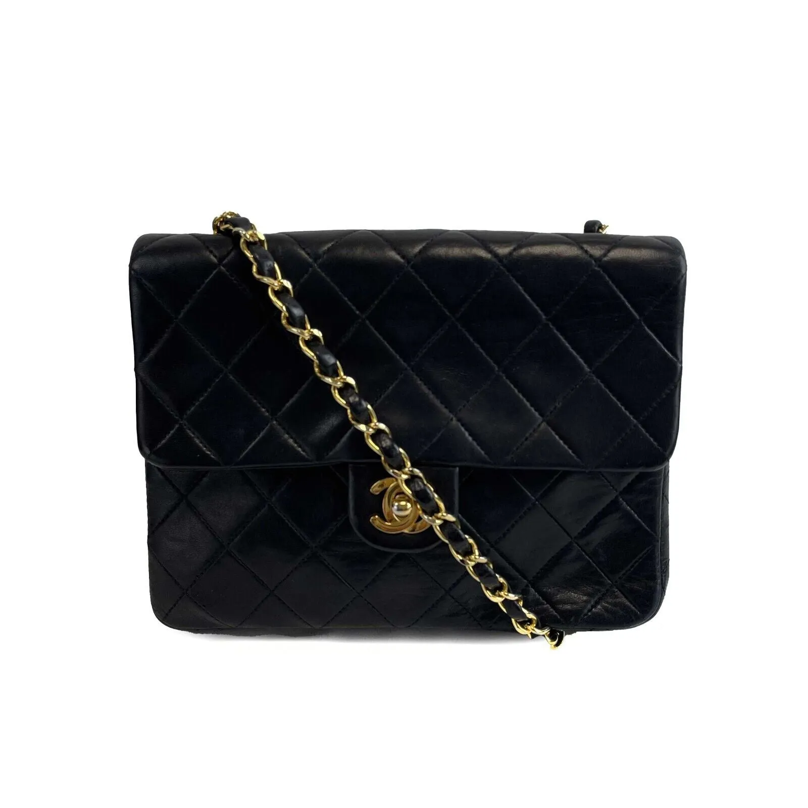 CHANEL - Vintage CC Mini Matrasse Chain Black Lambskin Leather Crossbody