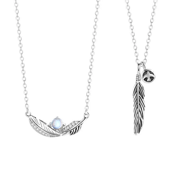 Couple Feather Pendant 925 Sterling Silver, Pigeon Feather Moonstone Necklace