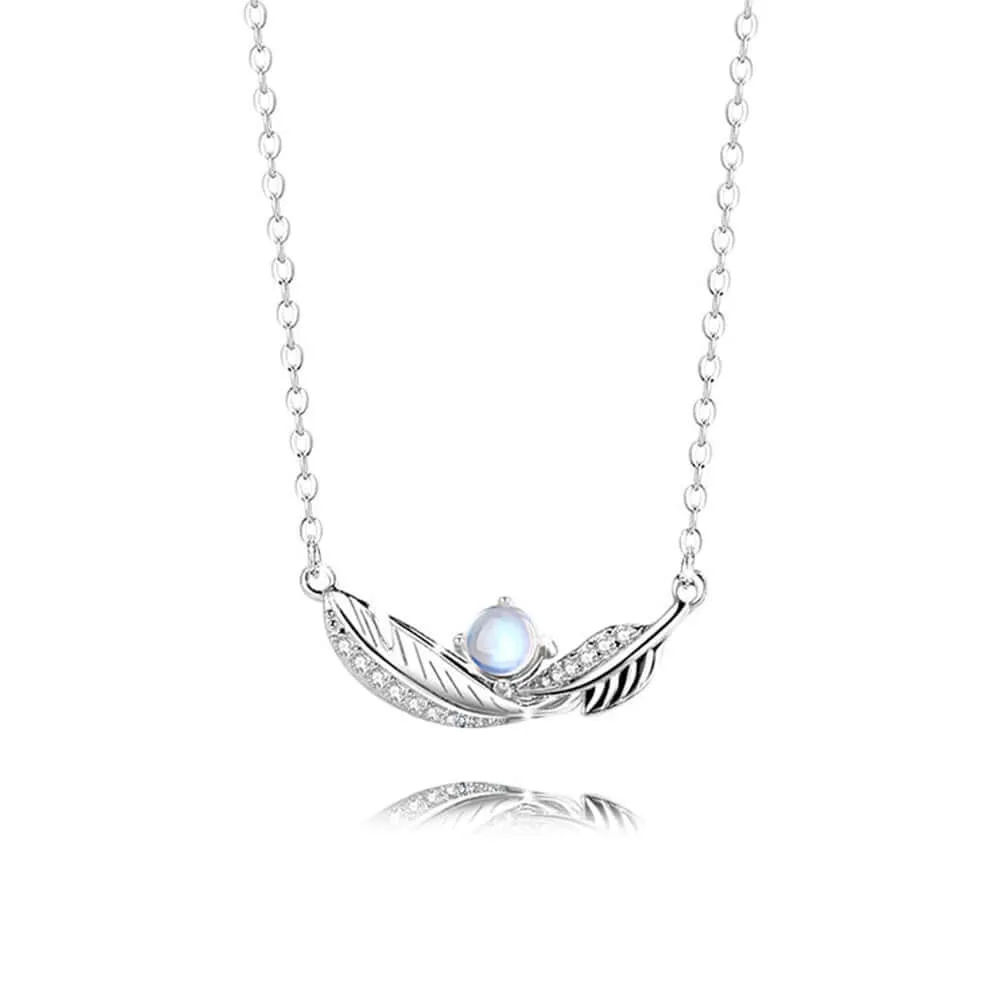 Couple Feather Pendant 925 Sterling Silver, Pigeon Feather Moonstone Necklace