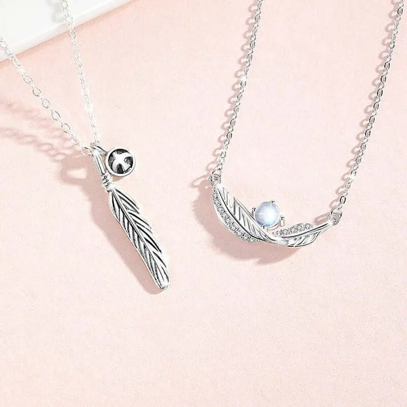 Couple Feather Pendant 925 Sterling Silver, Pigeon Feather Moonstone Necklace