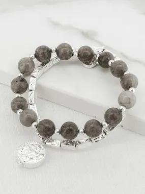 Envy Double Strand Beaded Pendant Bracelet - Silver & Taupe