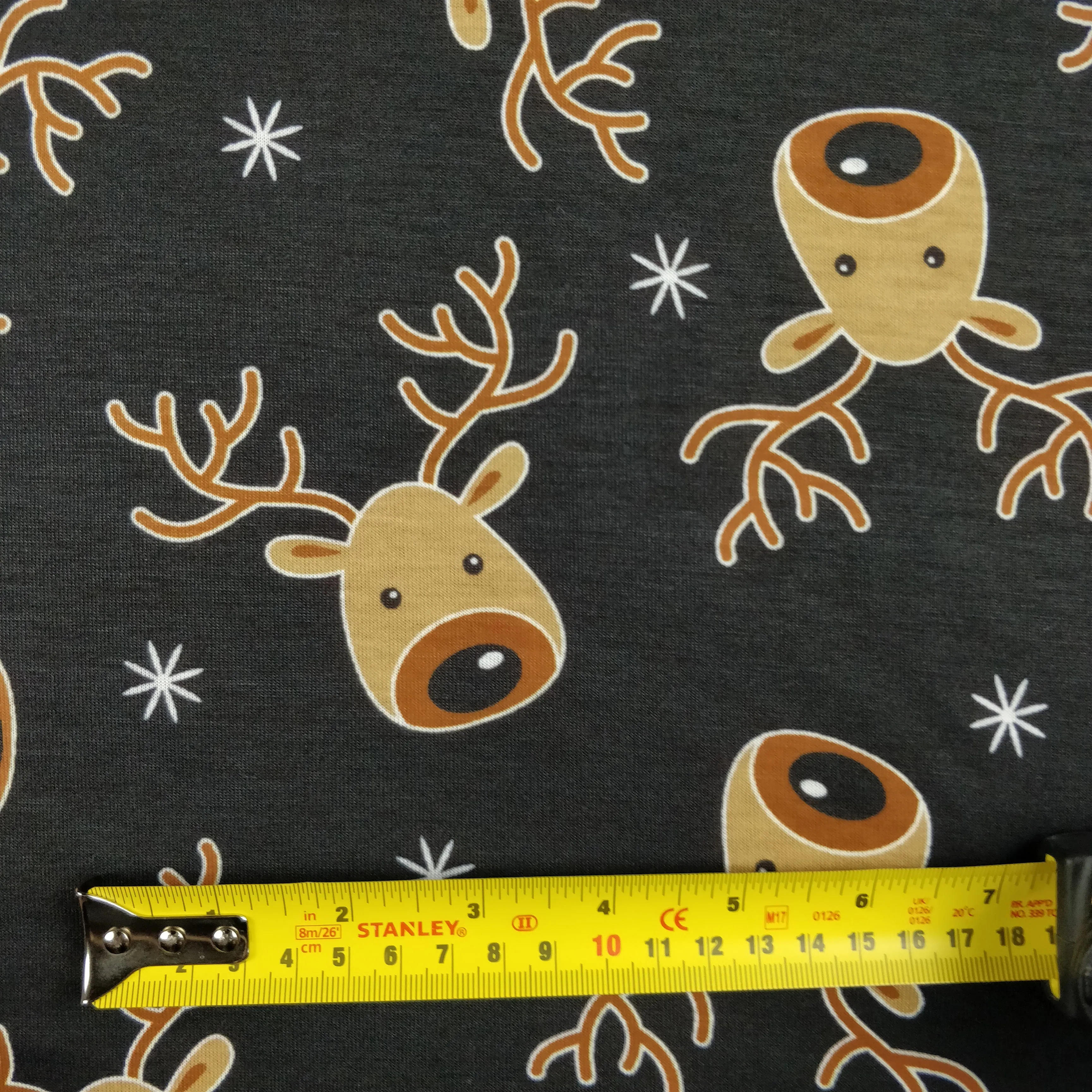 FS073_2 Christmas Rudolf Reindeer Spun Polyester Knit Stretch Fabric Black