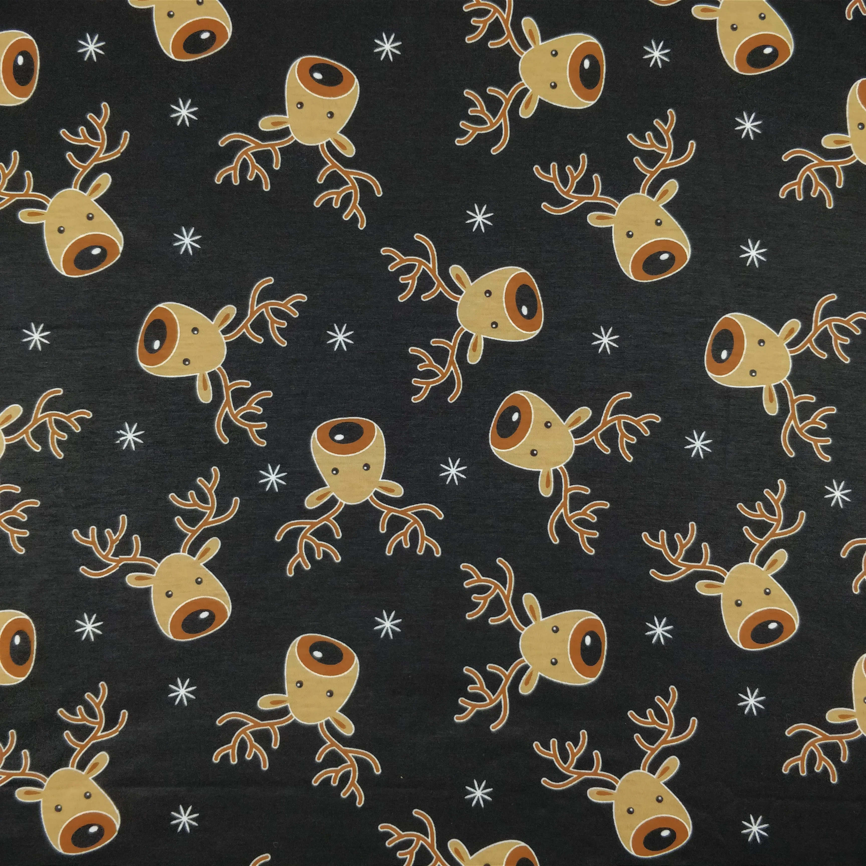 FS073_2 Christmas Rudolf Reindeer Spun Polyester Knit Stretch Fabric Black