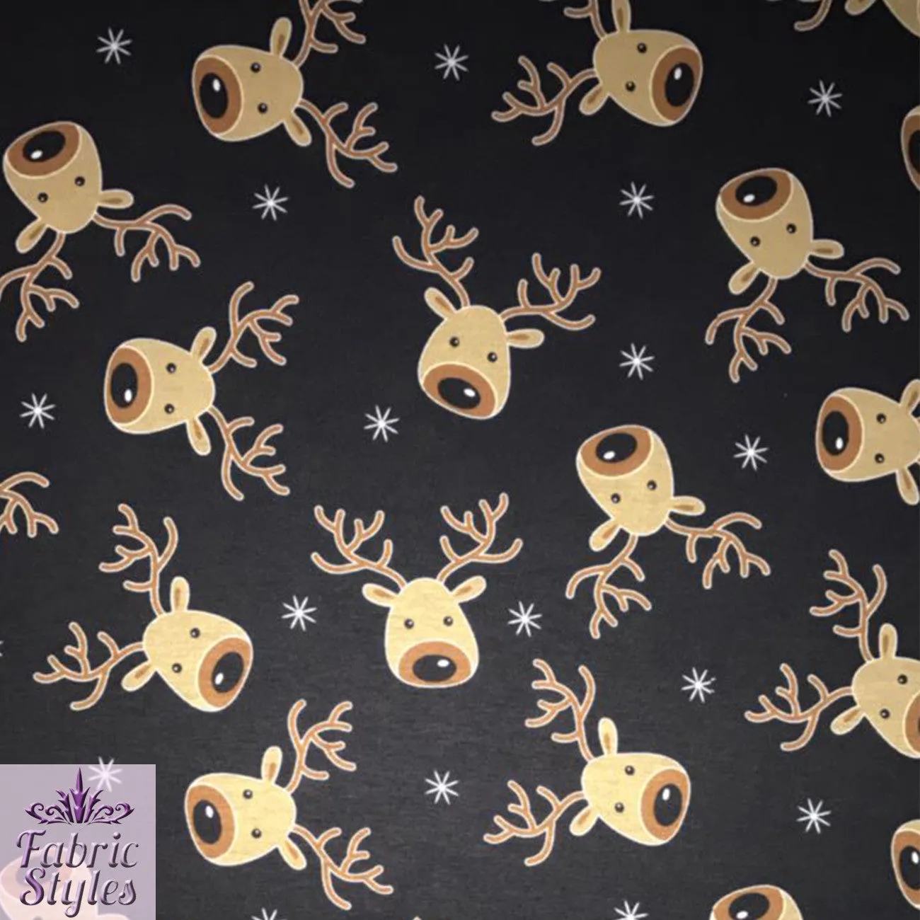 FS073_2 Christmas Rudolf Reindeer Spun Polyester Knit Stretch Fabric Black