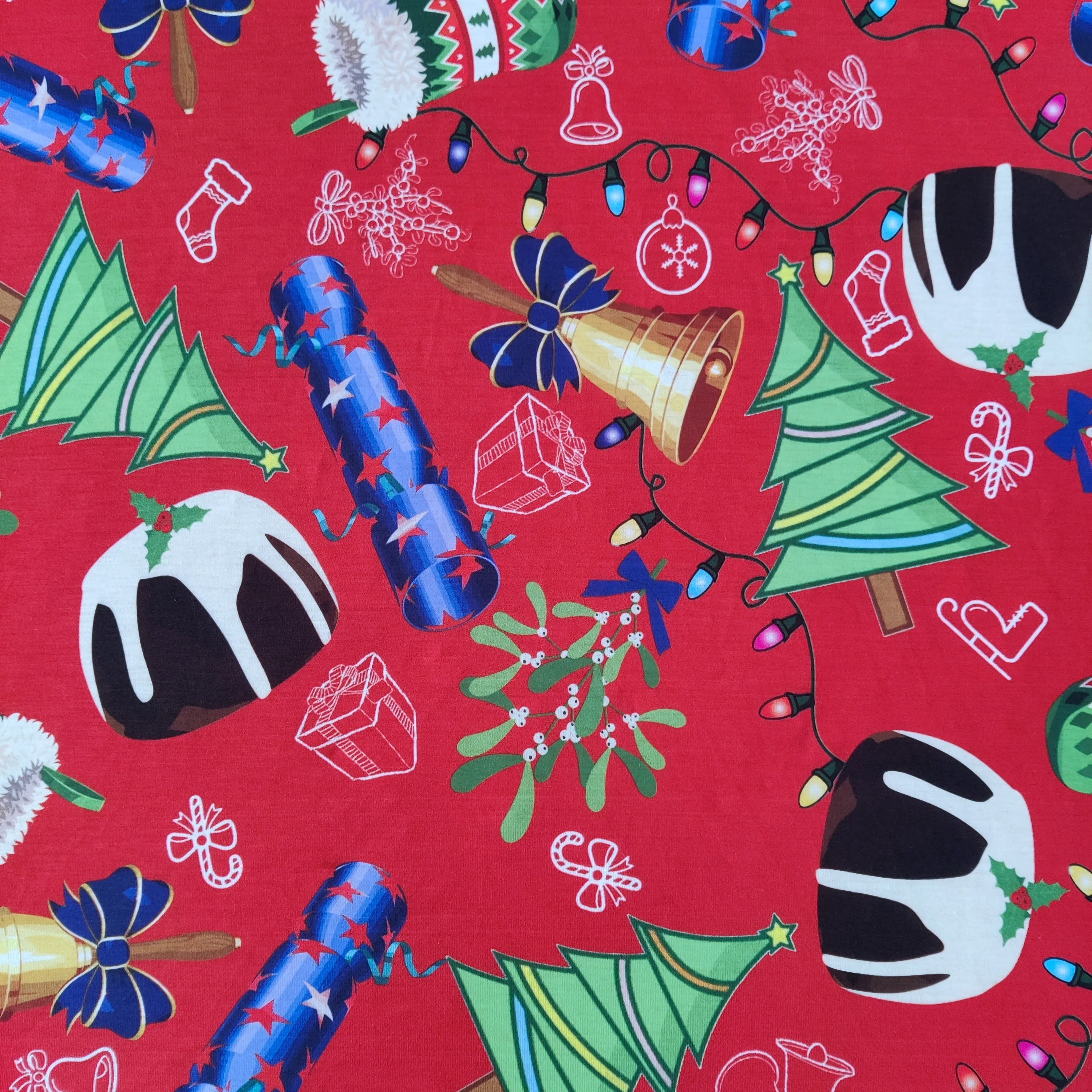 FS778 Christmas Pudding Spun Polyester Jersey Knit Stretch Fabric Red