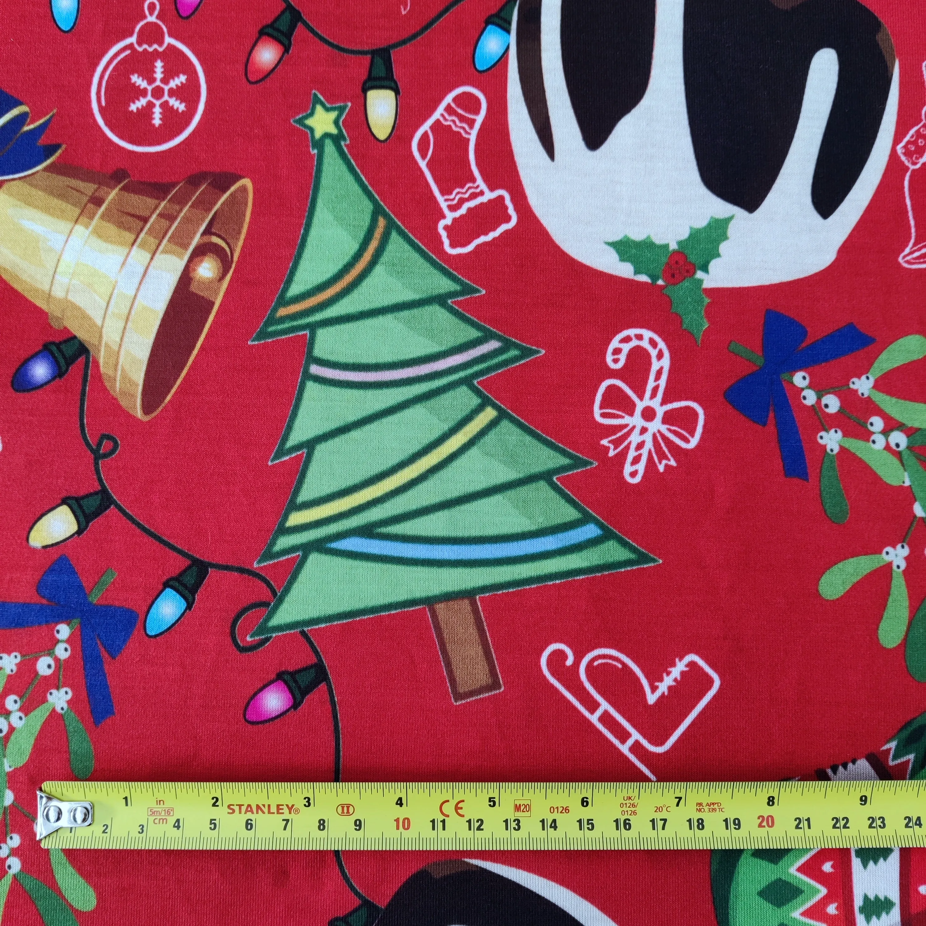 FS778 Christmas Pudding Spun Polyester Jersey Knit Stretch Fabric Red