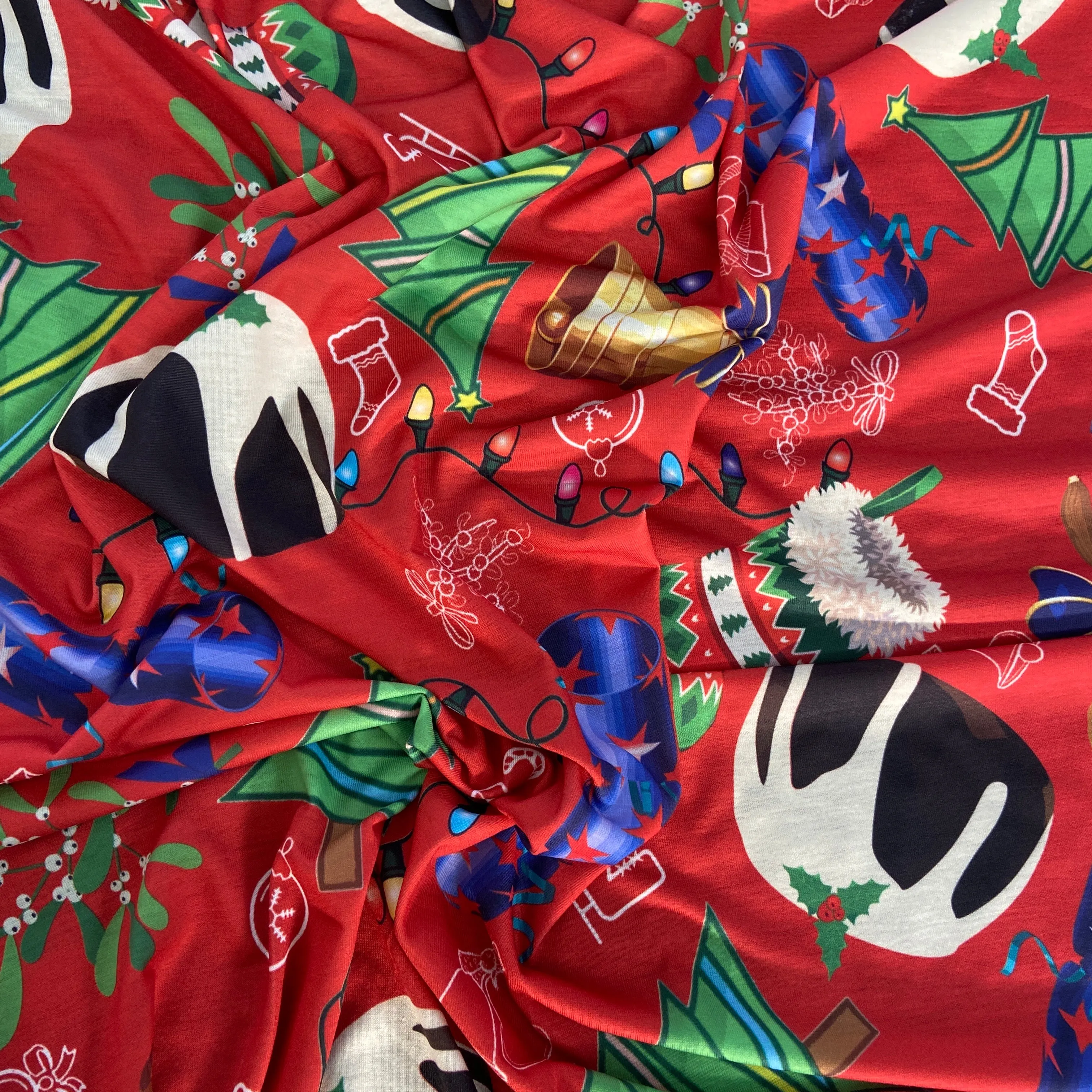 FS778 Christmas Pudding Spun Polyester Jersey Knit Stretch Fabric Red