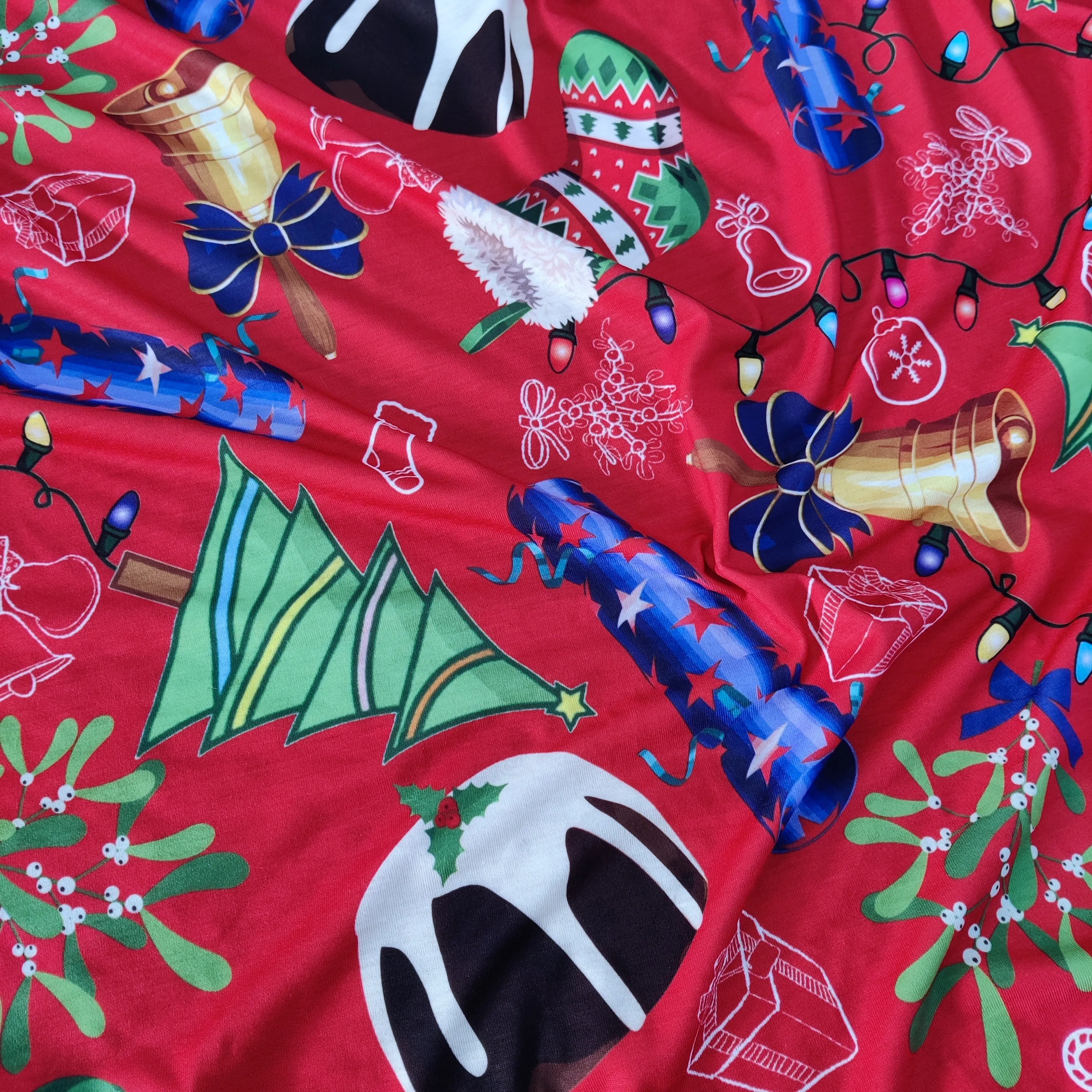 FS778 Christmas Pudding Spun Polyester Jersey Knit Stretch Fabric Red