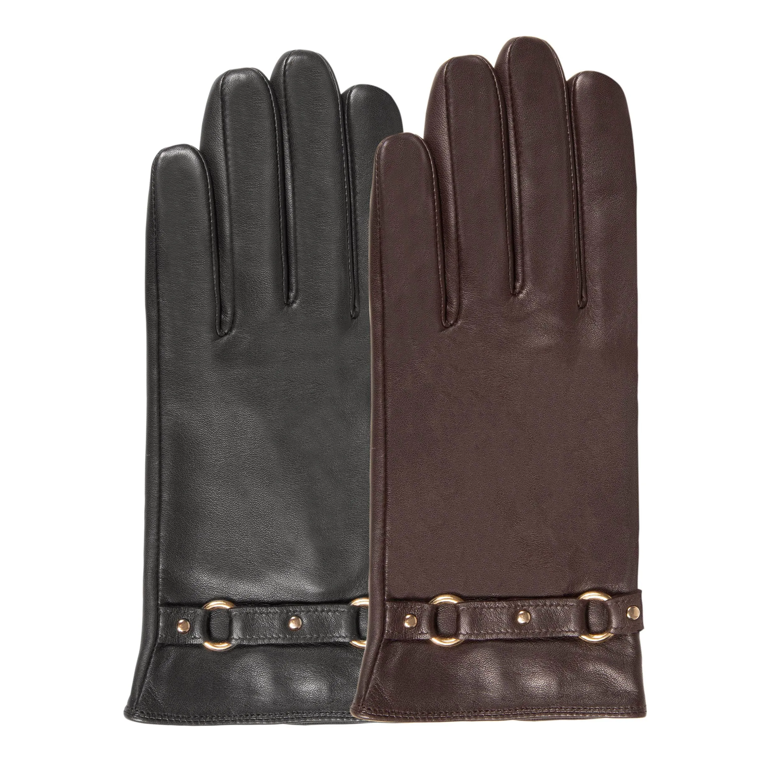 Gants Femme tactiles cuir anneaux Marron