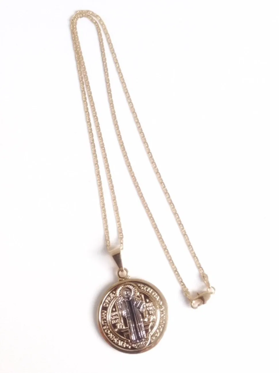 Gold St. Benedict Medal Necklace 18K Gold Plated Flat Chain