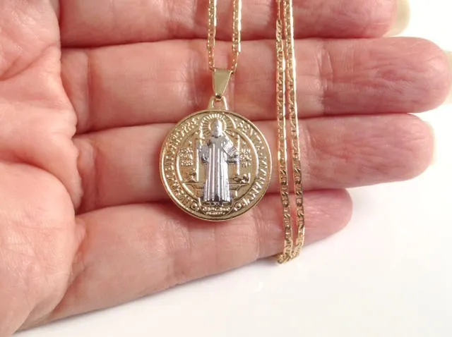 Gold St. Benedict Medal Necklace 18K Gold Plated Flat Chain