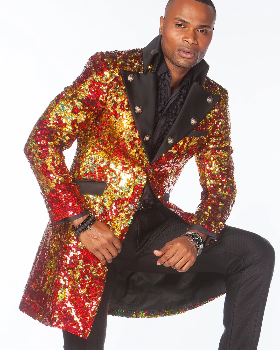 Long coat Men - Prom 2020 - Sequin Red/Gold - Long Jacket