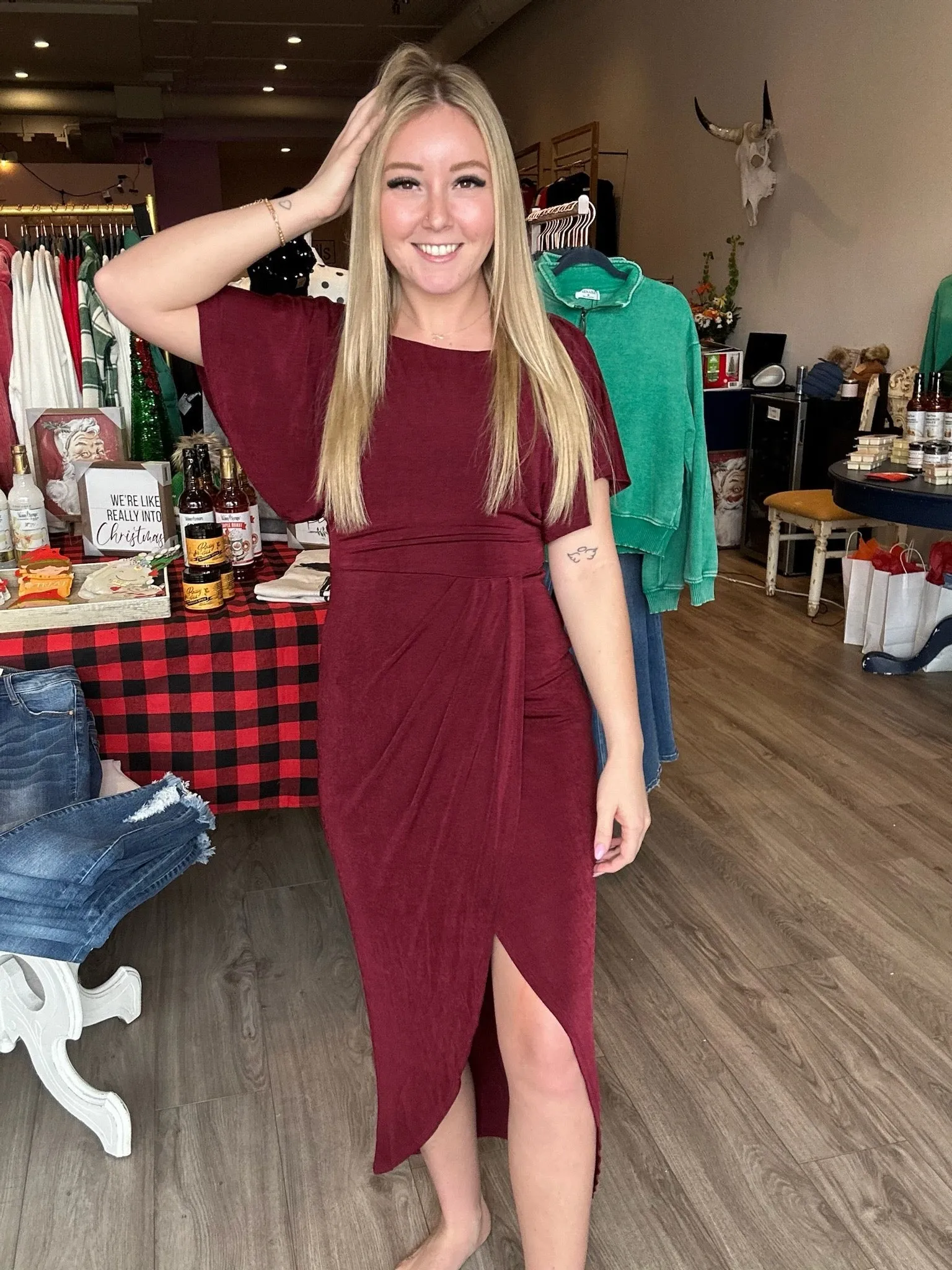 Merlot Split Wrap Flutter Sleeve Dress