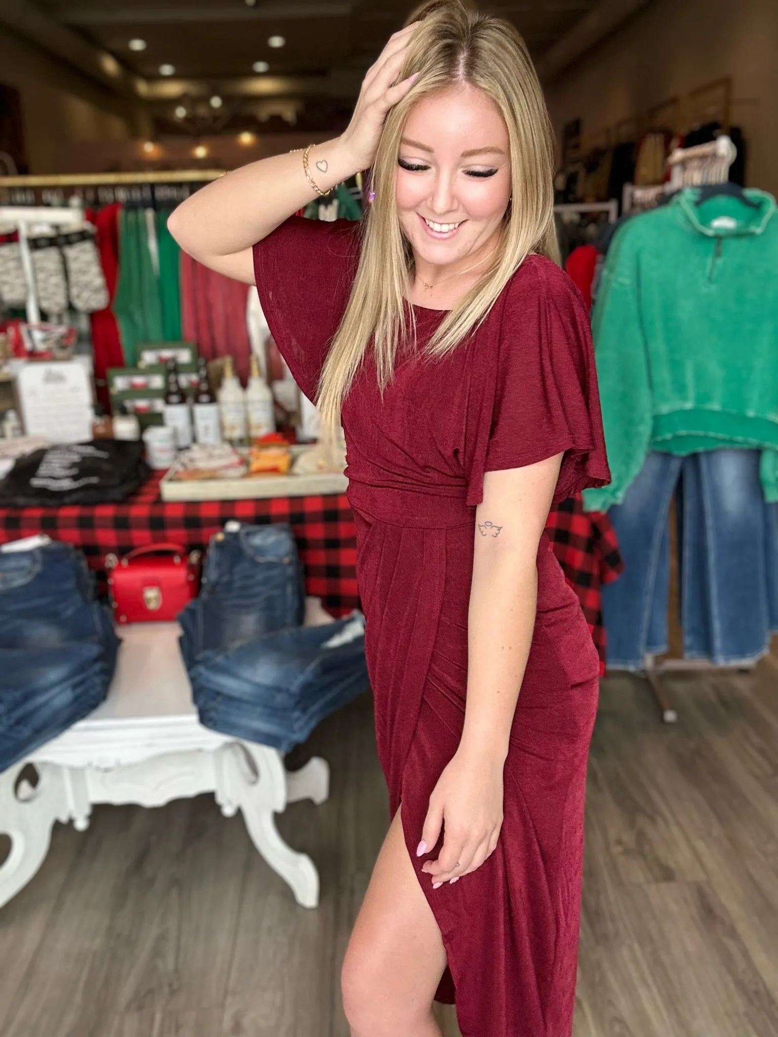 Merlot Split Wrap Flutter Sleeve Dress