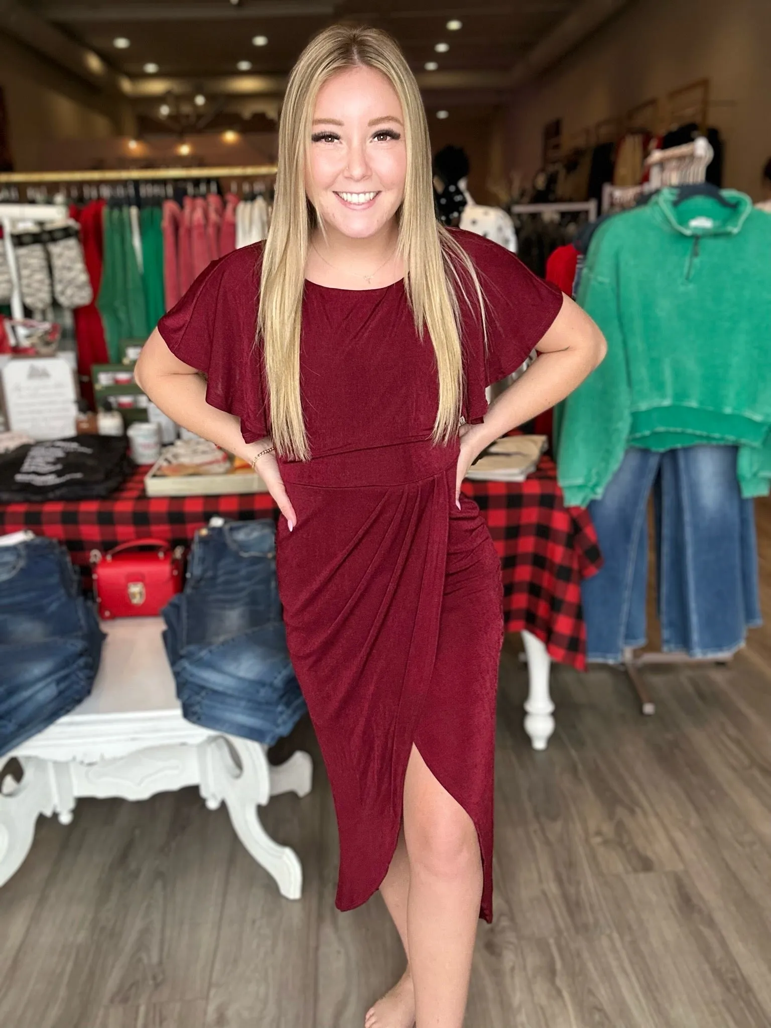 Merlot Split Wrap Flutter Sleeve Dress