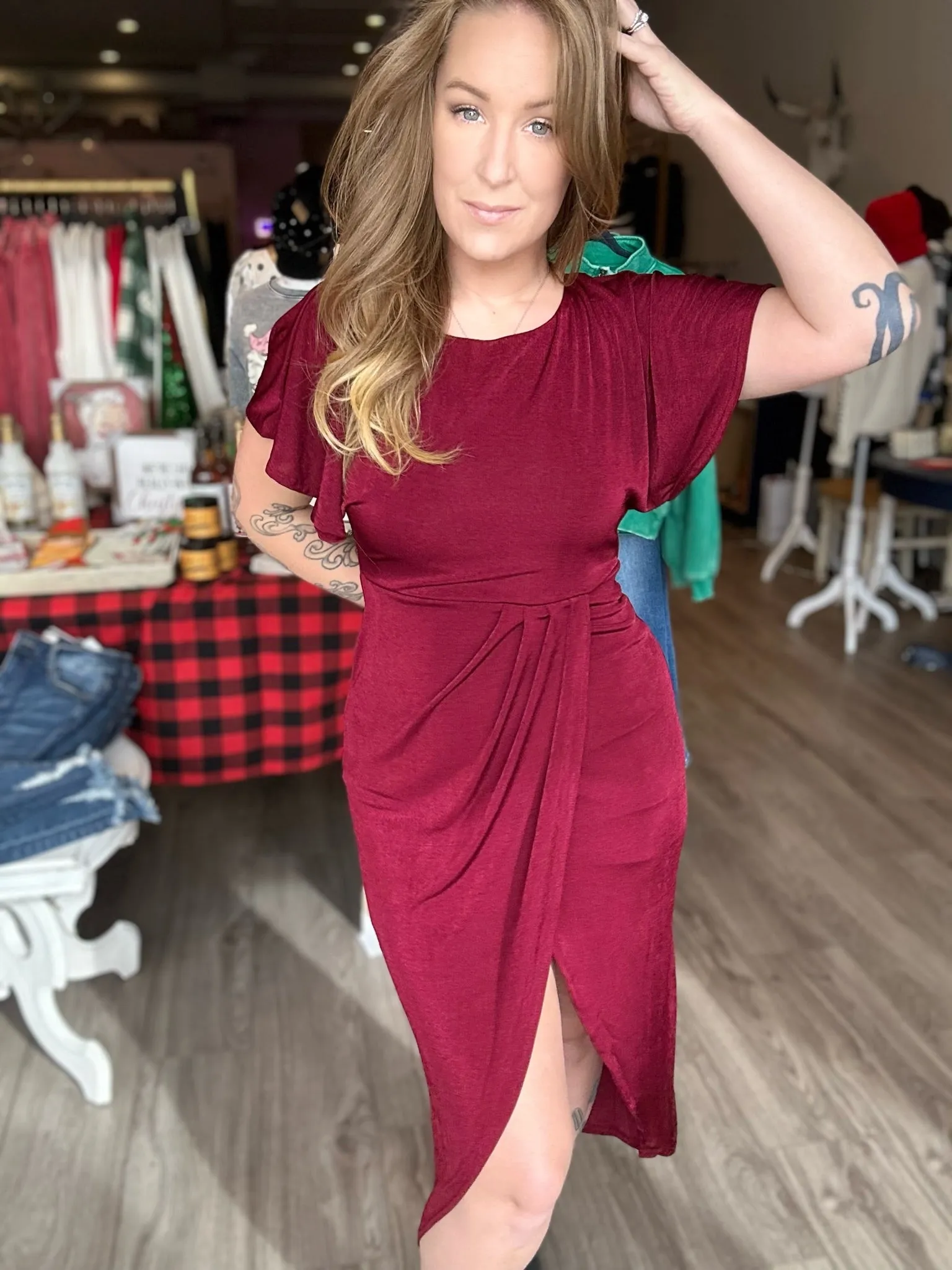 Merlot Split Wrap Flutter Sleeve Dress