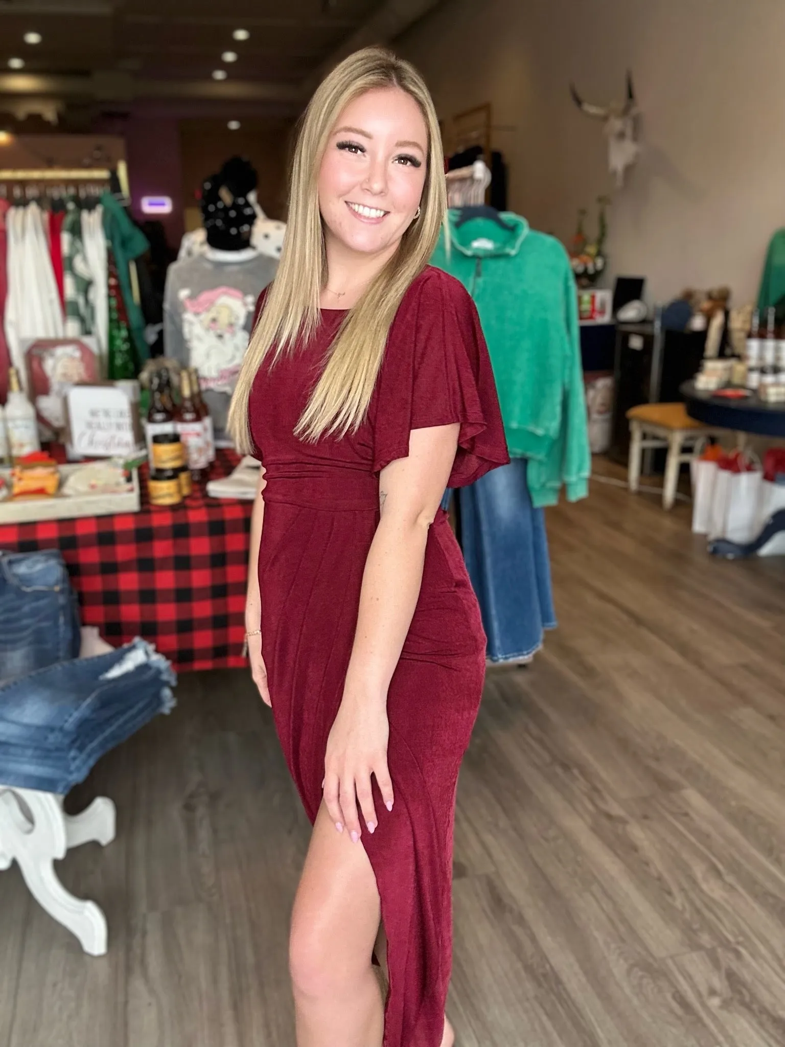 Merlot Split Wrap Flutter Sleeve Dress