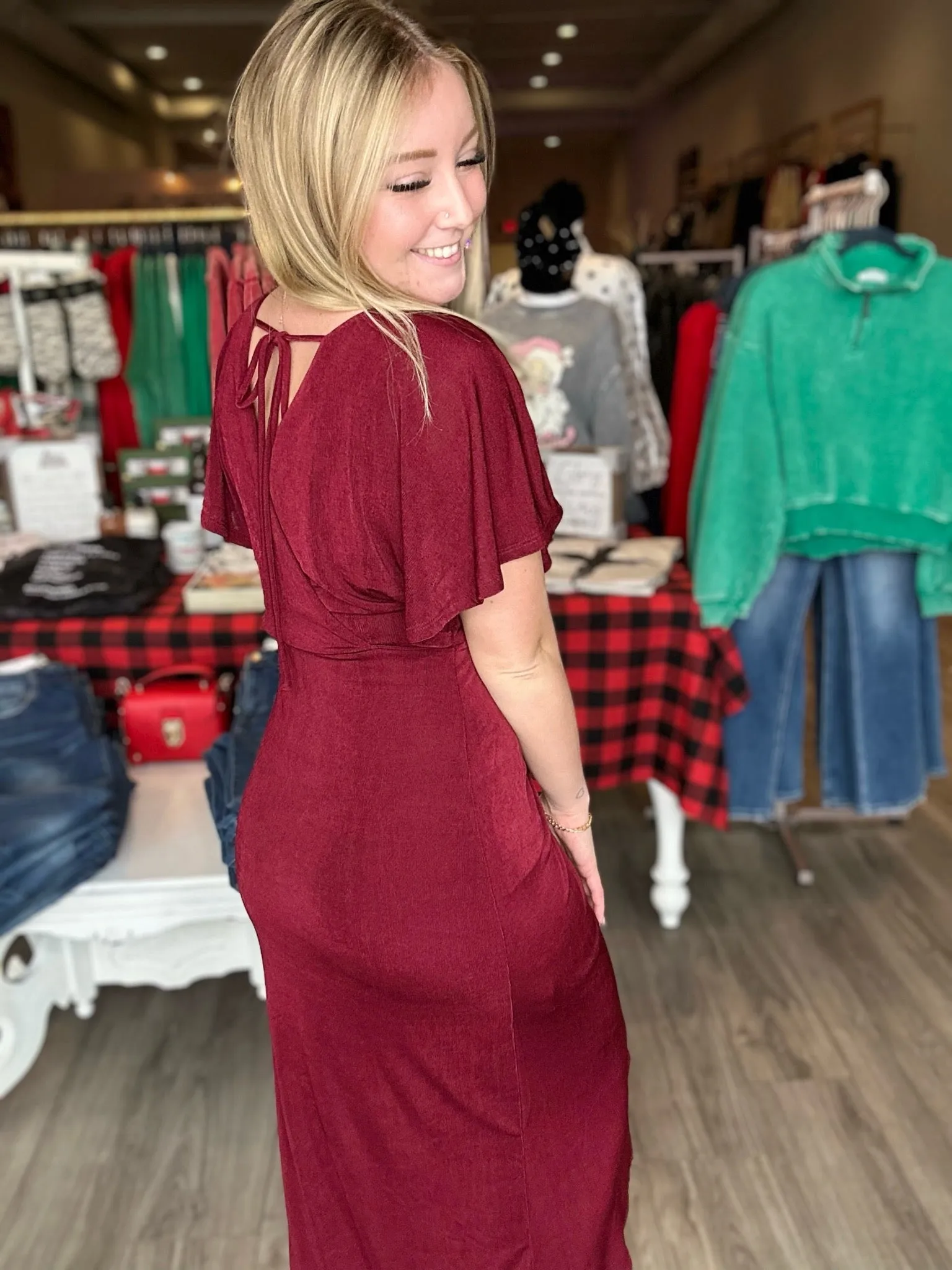 Merlot Split Wrap Flutter Sleeve Dress