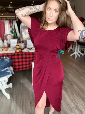 Merlot Split Wrap Flutter Sleeve Dress