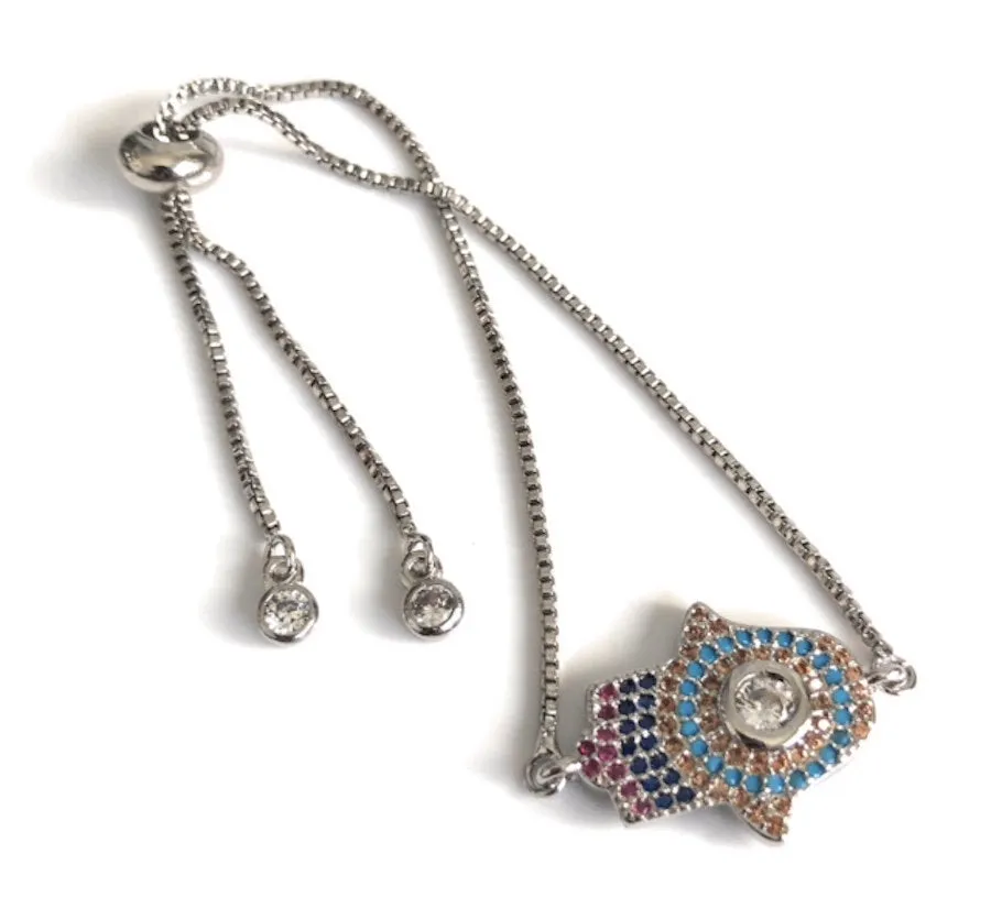 Modern Silver Plated Hamsa Bracelet Sliding Adjustable Clasp