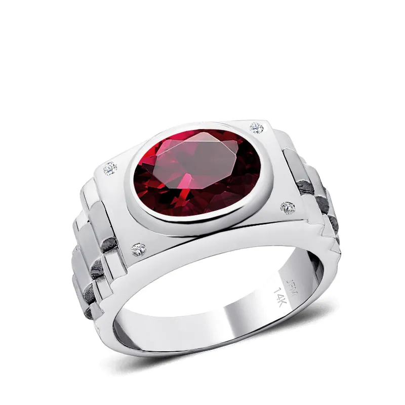 Oval Mens Engagement Ring in 14K Gold Two Tone Band Red Ruby and Diamonds