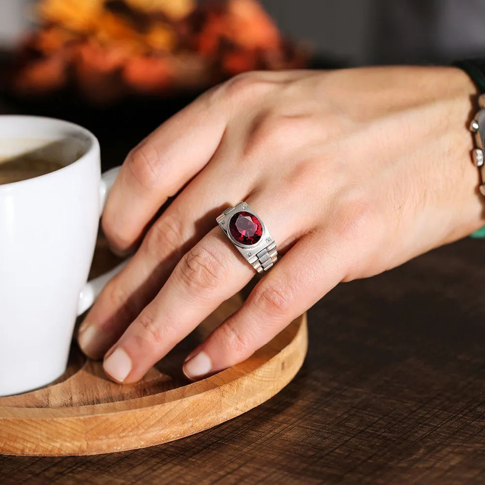 Oval Mens Engagement Ring in 14K Gold Two Tone Band Red Ruby and Diamonds