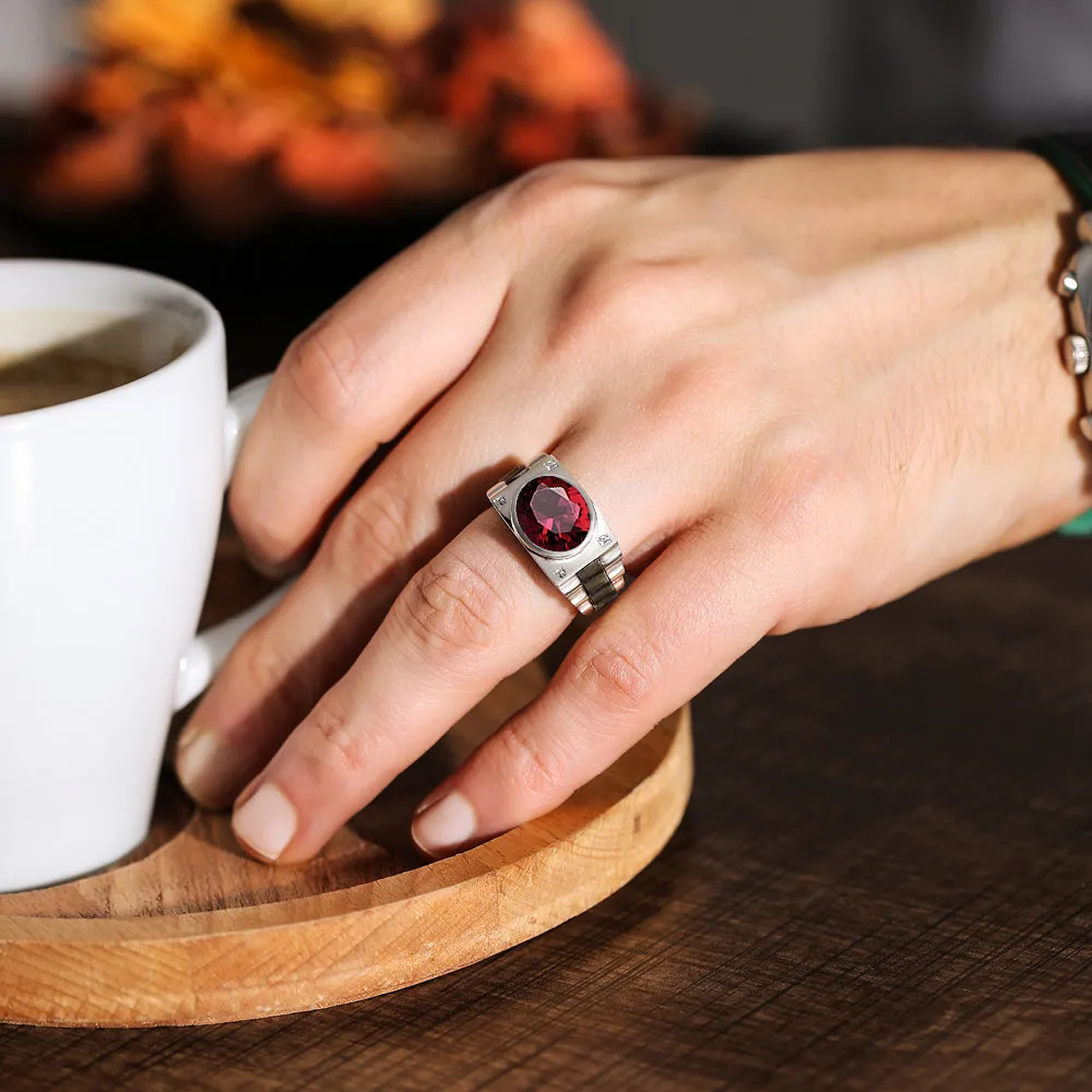 Oval Mens Engagement Ring in 14K Gold Two Tone Band Red Ruby and Diamonds