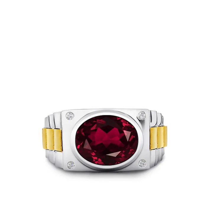 Oval Mens Engagement Ring in 14K Gold Two Tone Band Red Ruby and Diamonds