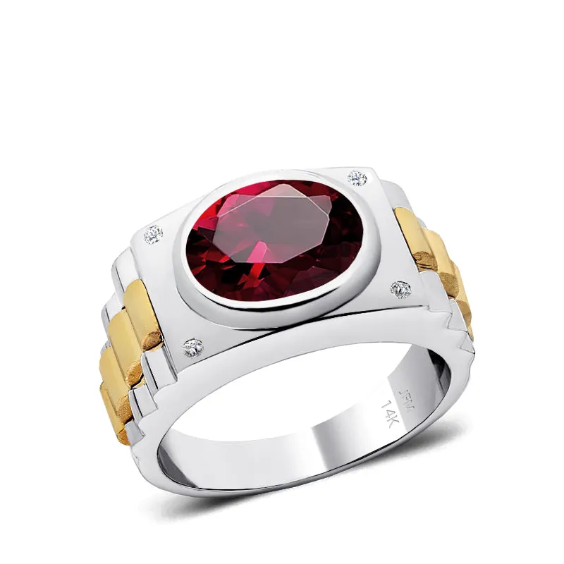 Oval Mens Engagement Ring in 14K Gold Two Tone Band Red Ruby and Diamonds