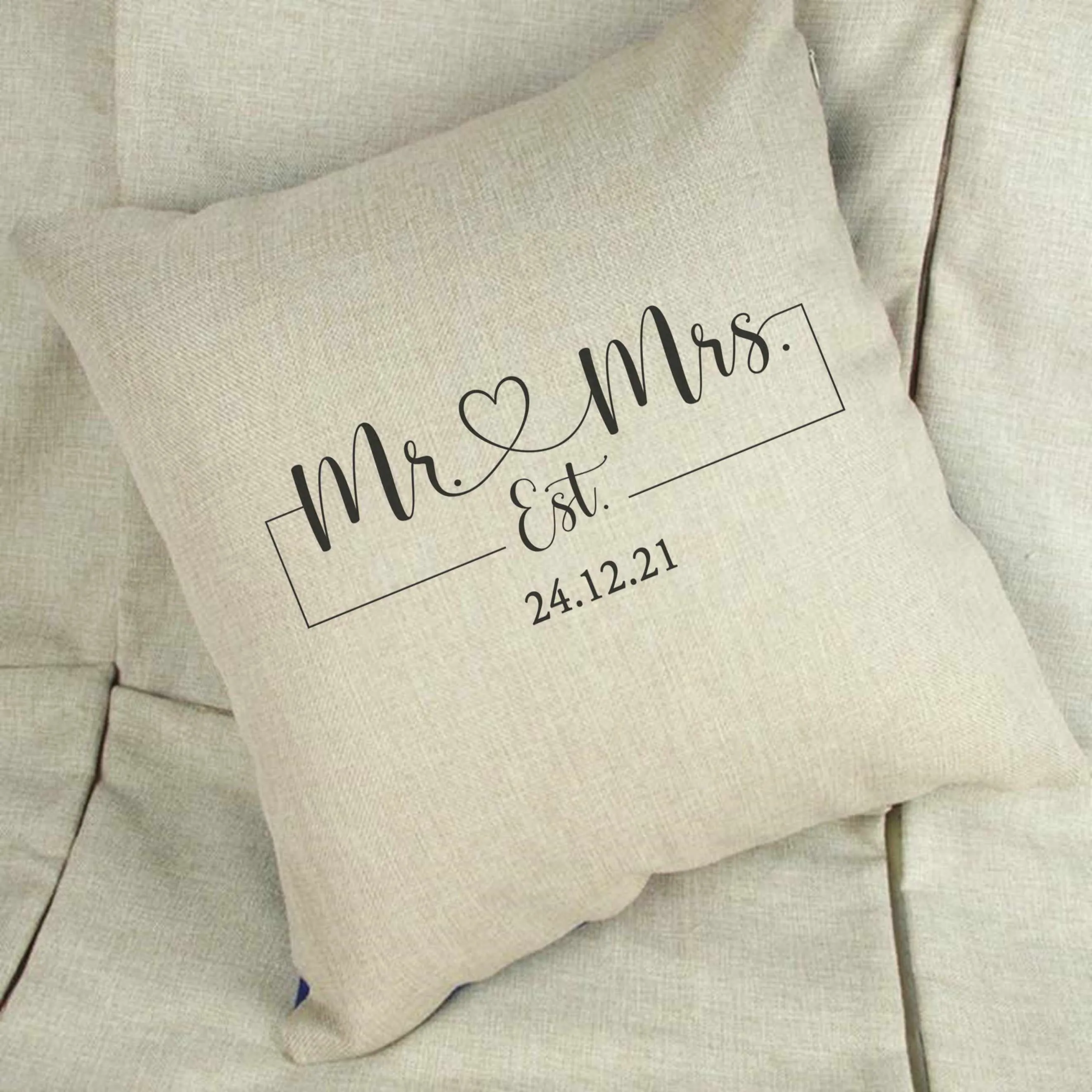 Personalised Mr & Mrs Date Wedding Linen Cushion Cover