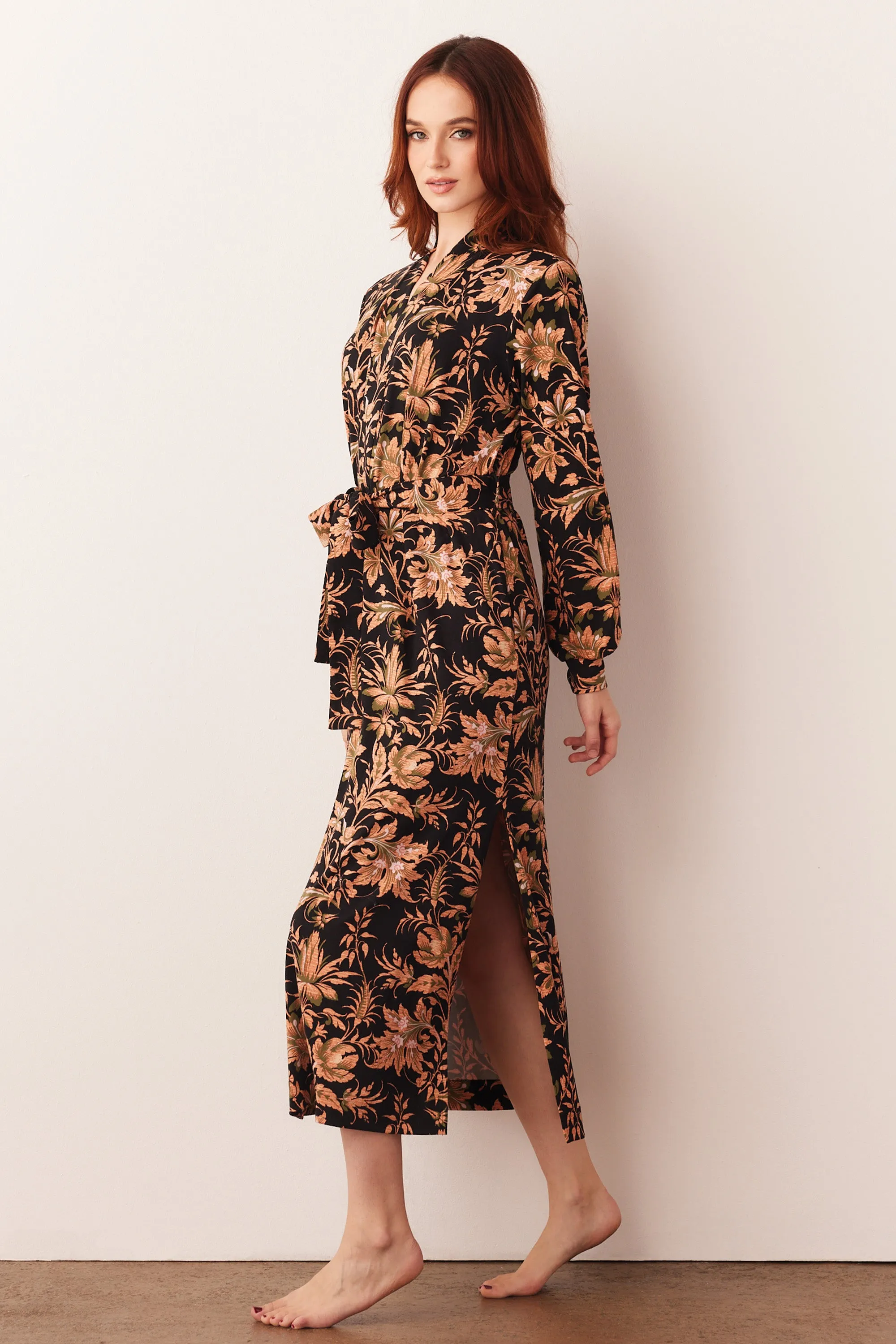 Skyler Banded Long Robe | Damask