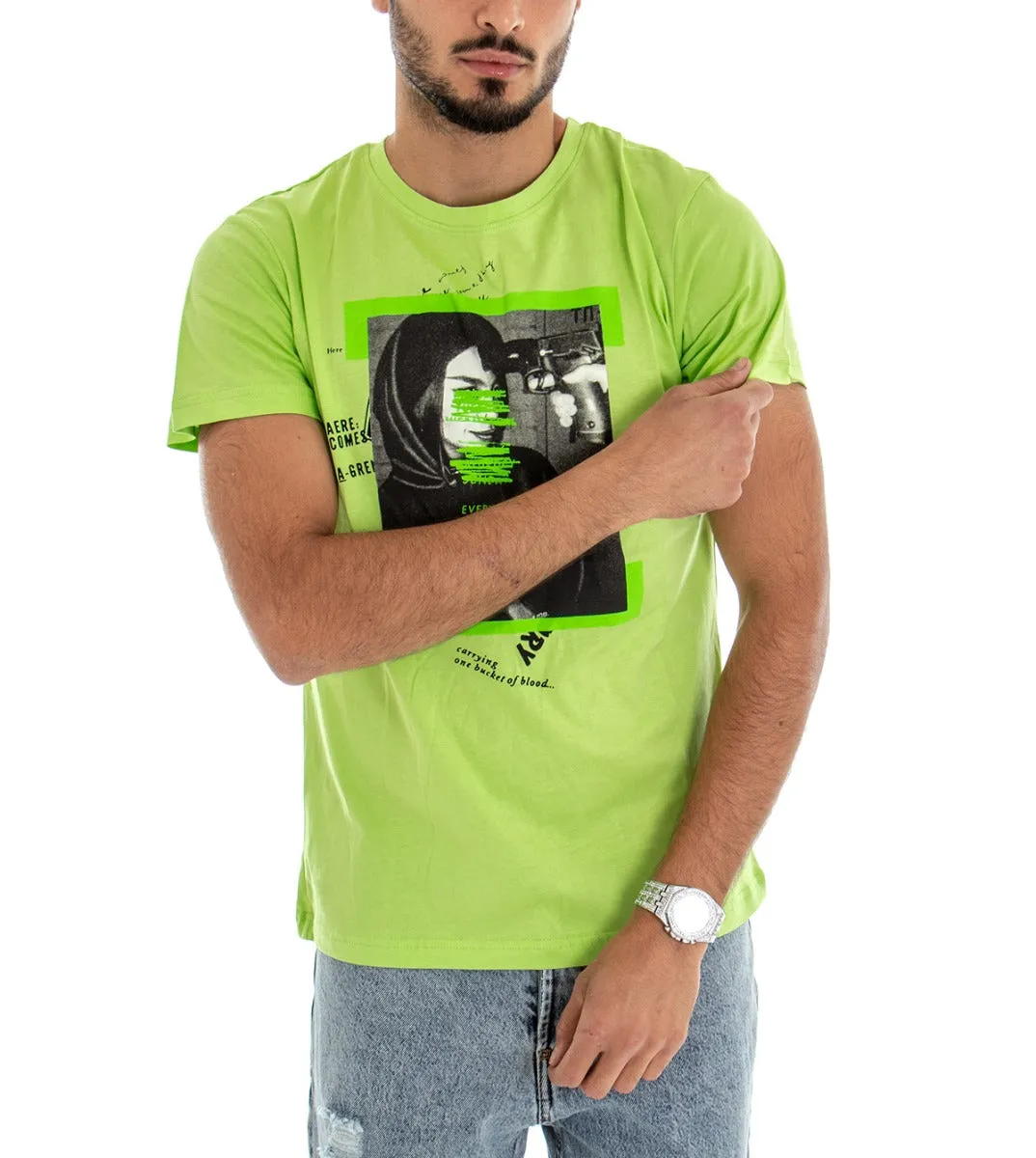 T-shirt Uomo Maglia Manica Corta Slim Stampa Fondo Verde GIOSAL