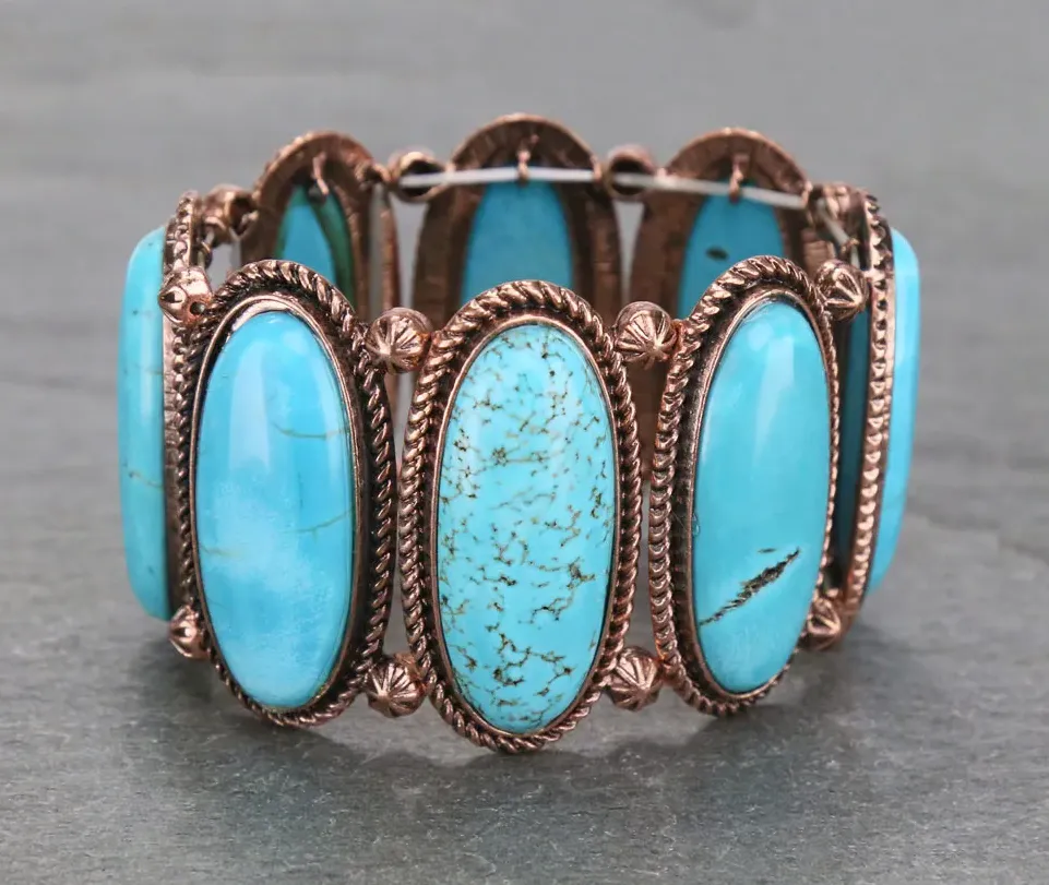 Turquoise Color Stone, Copper Setting, Western stretch bracelet